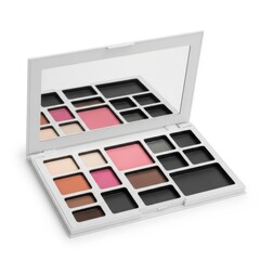 Open Makeup Palette with Pink and Neutral Shades in White Compact for Beauty and Cosmetics