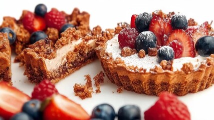 Delicious berry tarts are beautifully arranged on a white background. Fresh fruits and crumble topping make a tempting dessert. - Powered by Adobe