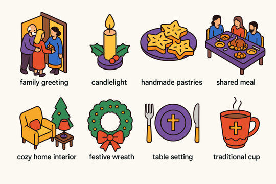 Orthodox Christmas Icons. Orthodox Christmas Warm Hospitality modern flat icon set: family greeting, candlelight, handmade pastries, shared meal, cozy home interior, festive wreath