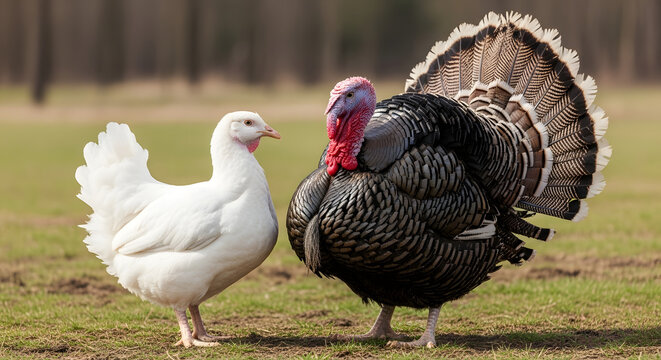 Two farm birds, a white chicken and a large turkey, stand side by side on grassy ground