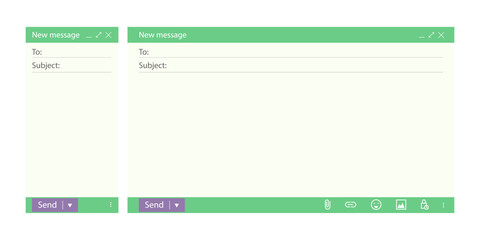 Email message ui template. Flat computer screen layout with empty mail window and subject field. Web mockup design for online office or messenger app. Vector frame isolated on white background
