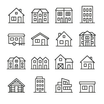 Real estate home types icons in minimalistic line art style: single-family house, duplex, townhouse, apartment, mobile home, bungalow, cottage, villa,