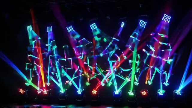 Dynamic stage lighting setup creating vibrant colorful patterns perfect for event promotions or concert visuals during electrifying music festivals
