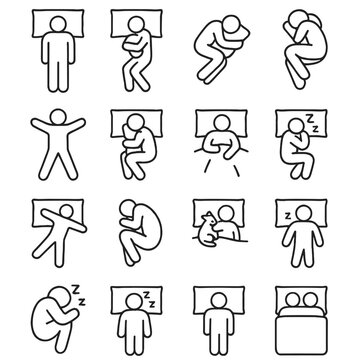 Sleeping positions and styles icons in minimalistic line art style: back sleeper, side sleeper, stomach sleeper, fetal position, starfish position,