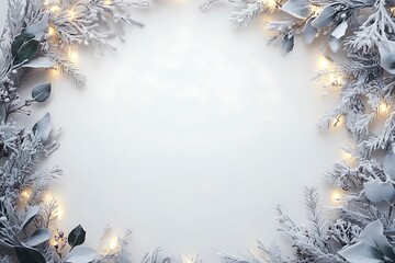 Elegant Christmas wreath with snowy fir, holly leaves, and shimmering lights, isolated on white 