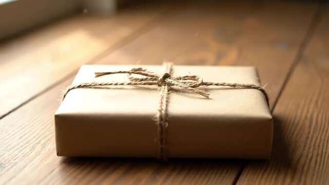 Elegant Rustic Gift Box Wrapped in Brown Kraft Paper with Natural Twine on a Wooden Table Thoughtful Present for Holidays Birthdays and Special Occasions