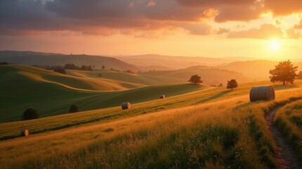 Golden hour sunset over rolling hills and hay bales