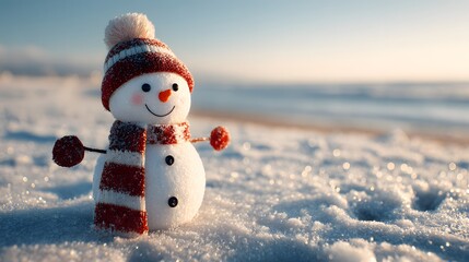 Lustiger Schneemann am Strand mit Mütze und Schal im Winterlicht

