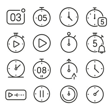 Broadcast and streaming timers icons in minimalistic line art style: live countdown icon, pre-roll timer, stream start clock, timer with video icon,