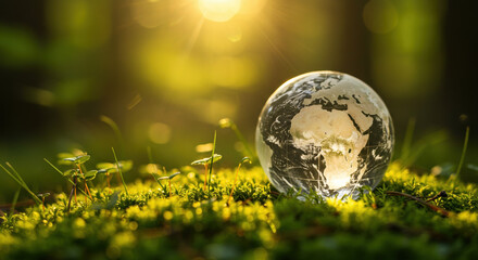 Small planet earth model rests on vibrant mossy ground bathed in warm golden sunlight rays, symbolizing growth and hope for the future.