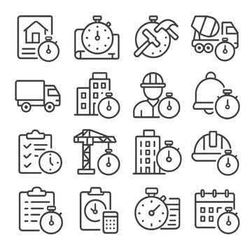 Construction and task timers icons in minimalistic line art style: project countdown, blueprint timer, tool stopwatch, concrete setting timer,
