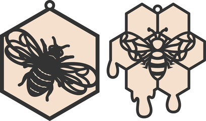 bee in a hexagon frame png, summer honeybee sun catcher, geometric bees ornament, spring summer garden decor, laser ready cut files, glowforge silhouette cricut