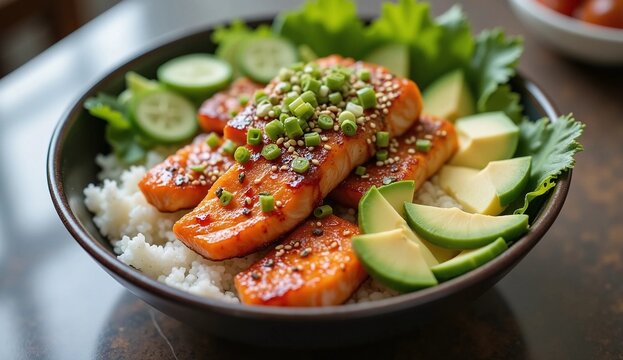 Asian Style Salmon Rice Bowl with Avocado and Greens
