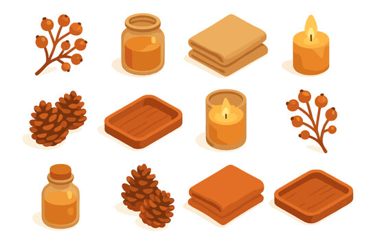 Rustic Winter Icons. Rustic Winter Decor modern flat icon set: dried berry bunch, glass jar, linen fabric, candle glow, pinecones, wooden tray, warm palette, gentle shadows,