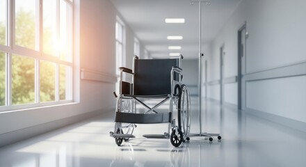 A wheelchair in a hospital hallway with a sunlit window.