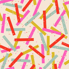 Abstract colorful seamless pattern of multicolored festive serpentines, straight stripes, small round confetti on a light background; simple vector illustration, flat style