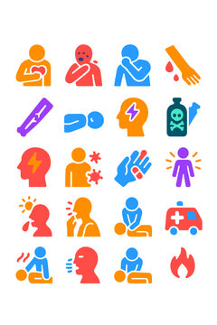 Medical emergencies icons in modern flat vector style in minimalistic vibrant color design: heart attack, allergic reaction, choking, bleeding injury,