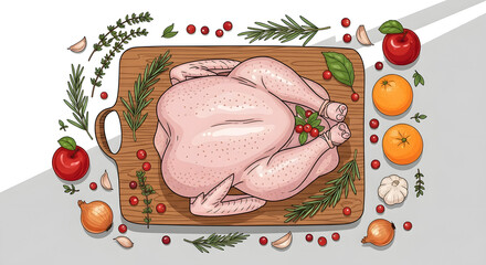 Raw Whole Chicken Ready for Roasting Surrounded by Fresh Ingredients