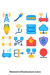Network Infrastructure icon set icons in modern flat vector style in minimalistic vibrant color design: [GSM tower, Fiber cable, Network switch,