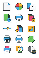 Print settings icon set icons in modern flat vector style in minimalistic vibrant color design: [Paper size, Color mode, Print quality, Orientation,