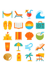 Seaside Relaxation icons in modern flat vector style in minimalistic vibrant color design: Hammock, beach lounger, umbrella drink, ocean wave,