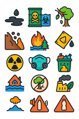 Environmental Hazards icons in modern flat vector style in minimalistic vibrant color design: Oil spill, toxic waste barrel, contaminated water,