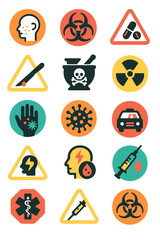Medical Warnings icons in modern flat vector style in minimalistic vibrant color design: Allergy icon, biohazard waste, toxic medicine, overdose alert