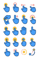 Interactive Gestures icons in modern flat vector style in minimalistic vibrant color design: Tap icon, double tap, swipe left, swipe right, pinch to