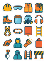 Safety Equipment icons in modern flat vector style in minimalistic vibrant color design: Hard hat, safety goggles, high-visibility vest, gloves, steel