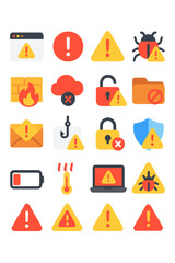 Digital Alerts and Notifications icons in modern flat vector style in minimalistic vibrant color design: Warning popup, red exclamation icon, error