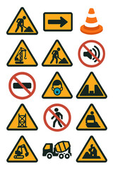 Construction Site Signs icons in modern flat vector style in minimalistic vibrant color design: Men at work, falling objects, detour sign,