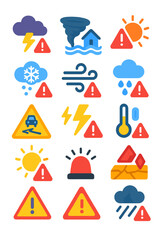 Weather Alerts icons in modern flat vector style in minimalistic vibrant color design: Thunderstorm icon, tornado sign, flood warning, heatwave symbol