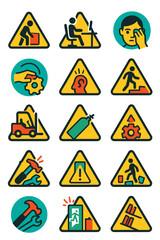 Workplace Risks icons in modern flat vector style in minimalistic vibrant color design: Heavy lifting warning, ergonomic strain, trip hazard, eye