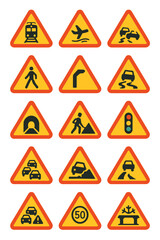 Transportation Warnings icons in modern flat vector style in minimalistic vibrant color design: Train crossing, airplane turbulence, no seatbelt icon,