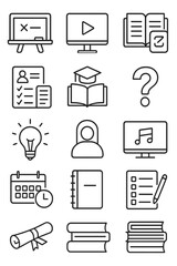 Educational content icons in minimalistic line art style: chalkboard icon, e-learning screen, tutorial book, quiz icon, lesson plan, knowledge icon,