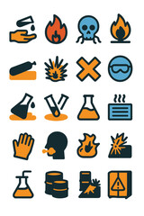 Chemical Safety and Labels icons in modern flat vector style in minimalistic vibrant color design: Corrosive liquid, flammable gas, toxic fumes,
