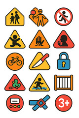 Children Safety Signs icons in modern flat vector style in minimalistic vibrant color design: School zone, crossing guard, playground caution, no