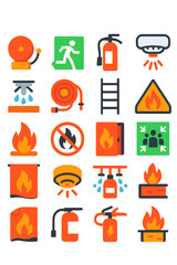 Fire Safety Symbols icons in modern flat vector style in minimalistic vibrant color design: Fire alarm, fire exit, extinguisher icon, smoke detector,