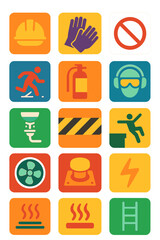 Workplace Safety Signs icons in modern flat vector style in minimalistic vibrant color design: Hard hat, gloves required, no entry, forklift zone, wet
