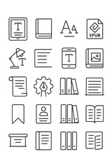 E-book and digital publishing icons in minimalistic line art style: e-reader, book icon, font selection, epub icon, reading lamp, text alignment,