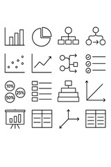Infographics and data content icons in minimalistic line art style: bar chart, pie chart, infographic template, flow diagram, data point, line graph,