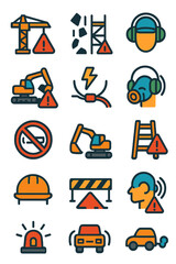 Construction Site Warnings icons in modern flat vector style in minimalistic vibrant color design: Crane alert, falling debris, scaffold danger, PPE