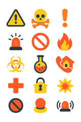 Critical Alert Symbols icons in modern flat vector style in minimalistic vibrant color design: Warning triangle, danger skull, exclamation mark, alert