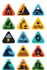 Environmental Risk Signs icons in modern flat vector style in minimalistic vibrant color design: Wildfire danger, landslide warning, flood icon,