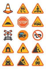 Transport and Road Risks icons in modern flat vector style in minimalistic vibrant color design: Traffic cone, slippery road, bridge height, crosswalk