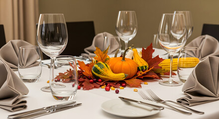 Autumnal Thanksgiving Dinner Table Setting with Pumpkins and Fall Leaves