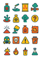 Toxic Material Symbols icons in modern flat vector style in minimalistic vibrant color design: Poison bottle, corrosive substance, radioactive drum,