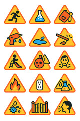 School Risk Warnings icons in modern flat vector style in minimalistic vibrant color design: Running in hallways, sharp scissors, science lab hazard,