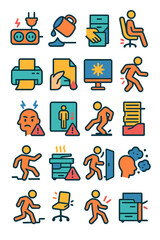 Office Safety icons in modern flat vector style in minimalistic vibrant color design: Overloaded socket, coffee spill, drawer pinch, broken chair,
