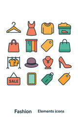 Fashion Store Elements icons in modern flat vector style in minimalistic vibrant color design: Clothes hanger, dress icon, folded sweater, shoes box,